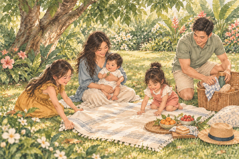 Watercolor family of five setting up a picnic in a shaded Malaysian garden
