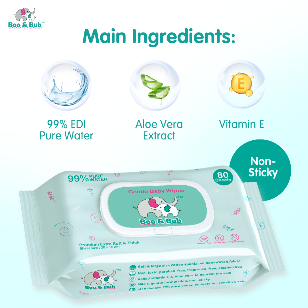 Boo&Bub 3x80pcs Baby Hand Mouth Wipes / Wet Tissue | Alcohol-free, paraben-free, fragrance-free wipe - Boo & Bub