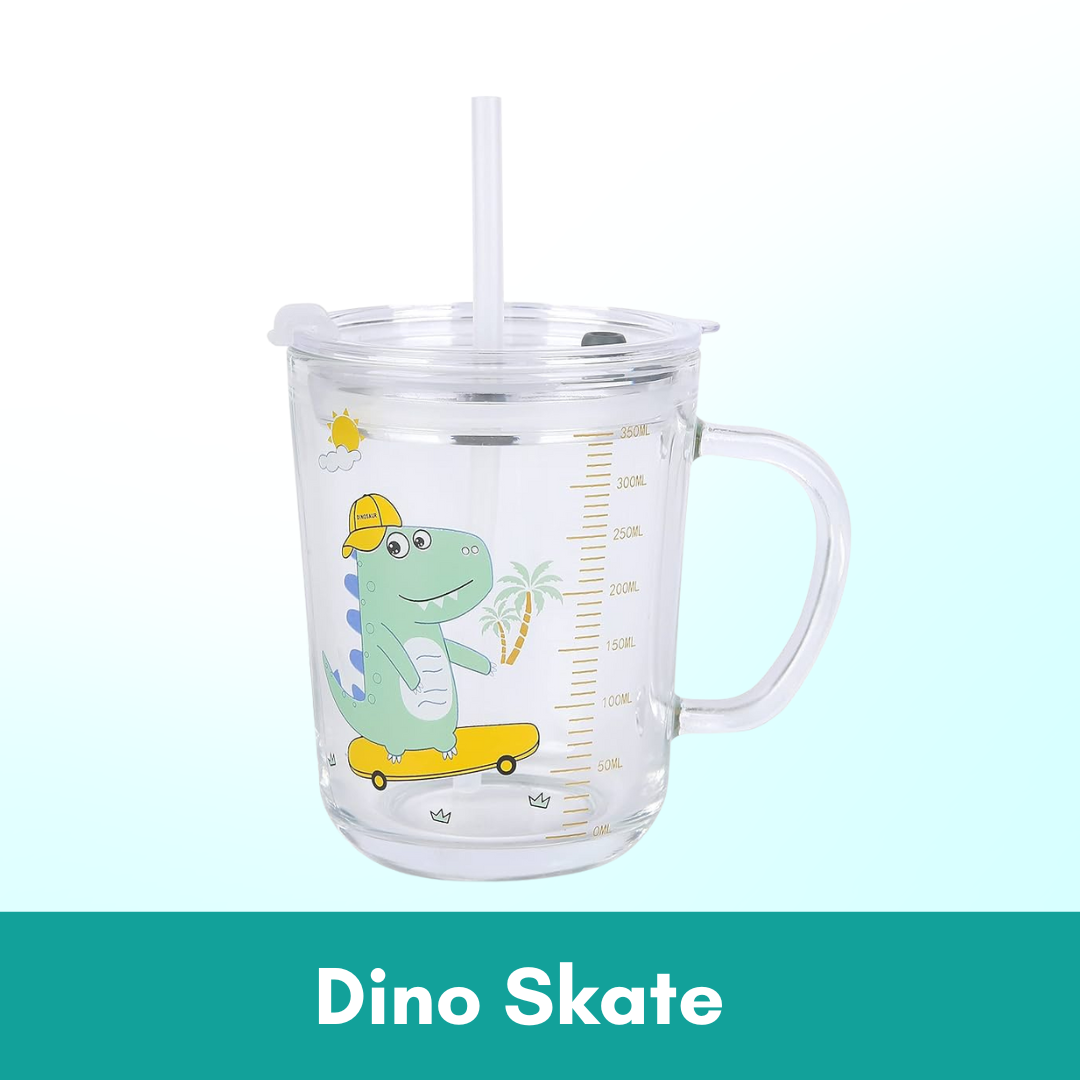 400ml Milk Cup with Cover Silicone straw | Training Glass Mug Baby Dinosaur Unicorn Water Bottle Heat-Resistant - Boo & Bub