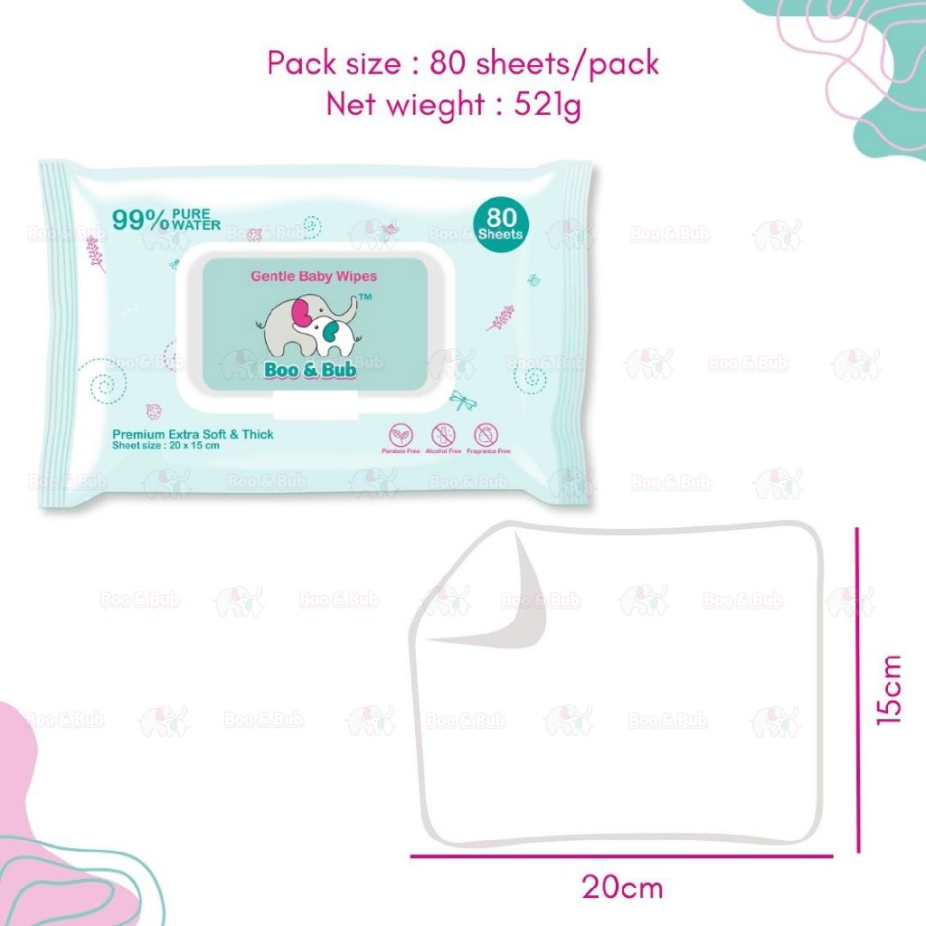 Boo&Bub 3x80pcs Baby Hand Mouth Wipes / Wet Tissue | Alcohol-free, paraben-free, fragrance-free wipe - Boo & Bub