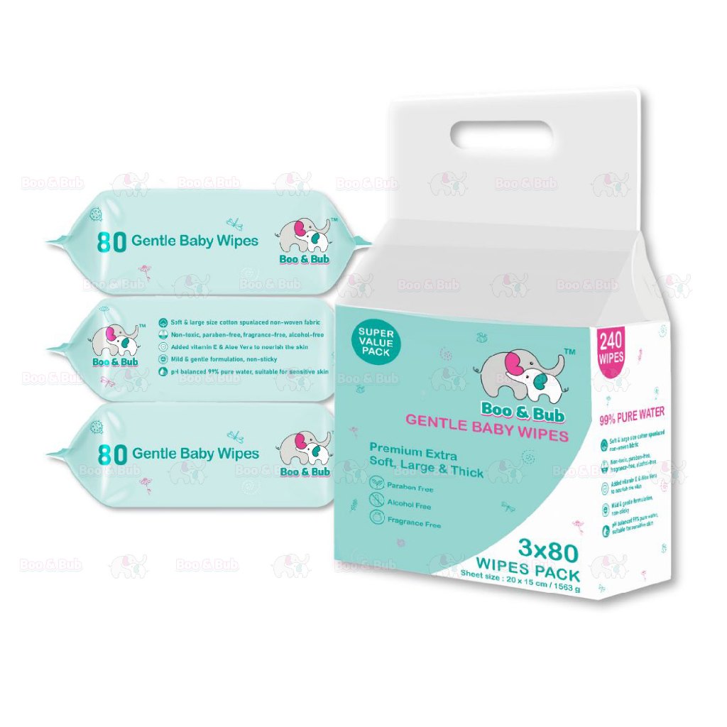Boo&Bub 3x80pcs Baby Hand Mouth Wipes / Wet Tissue | Alcohol-free, paraben-free, fragrance-free wipe - Boo & Bub