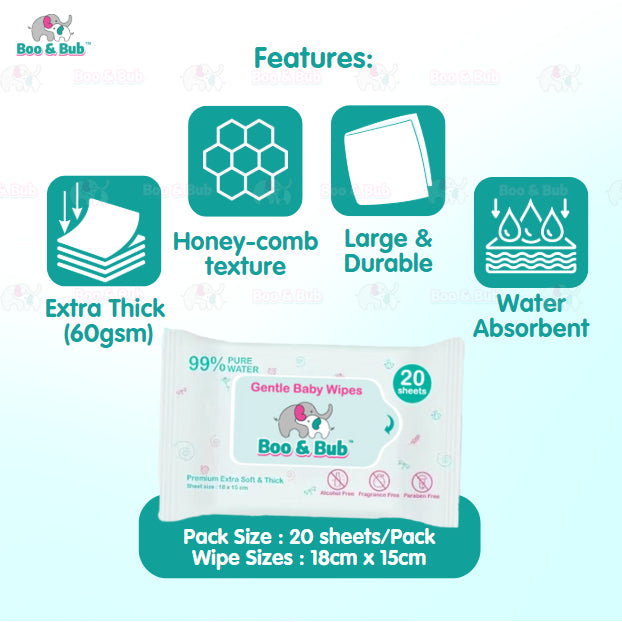 Boo&Bub 20pcs Premium Honey Comb Non alcohol BABY WIPES Baby wet wipe tisu basah baby tissue basah wet tisu baby ε©΄εΏζΉΏηΊΈε·Ύ - Boo & Bub