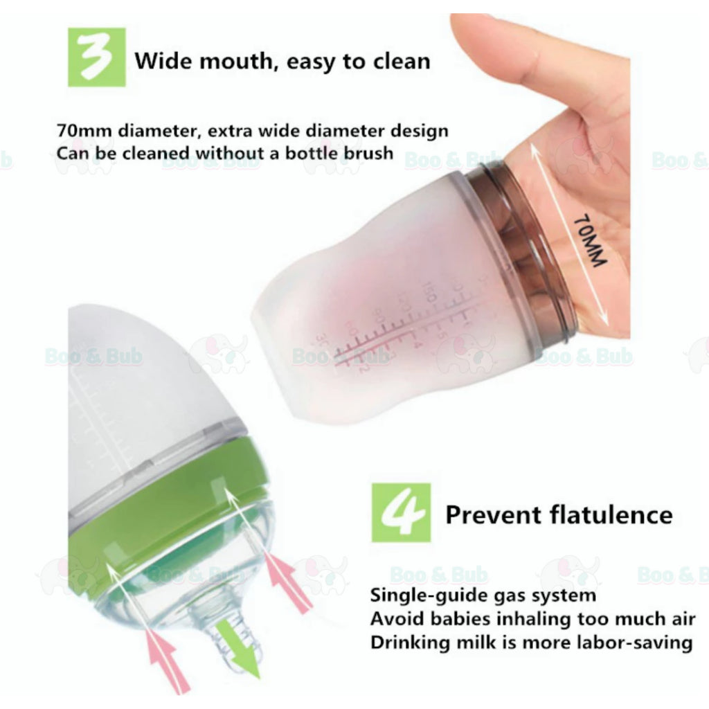 Boo&Bub Silicone Baby Bottle Wide-neck Anti-flatulence Bayi Botol Susu with straw BPA FREE - Boo & Bub