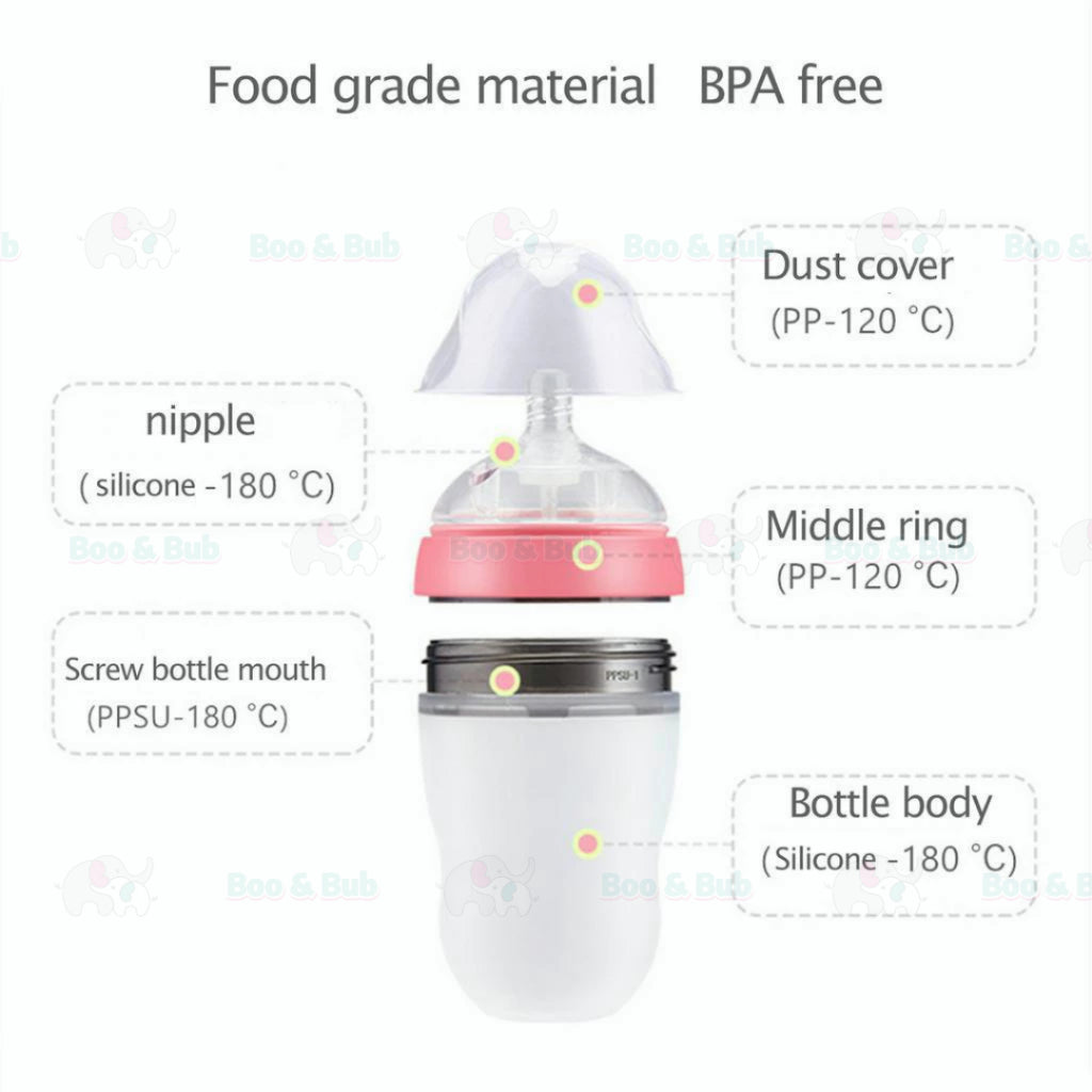 Boo&Bub Silicone Baby Bottle Wide-neck Anti-flatulence Bayi Botol Susu with straw BPA FREE - Boo & Bub