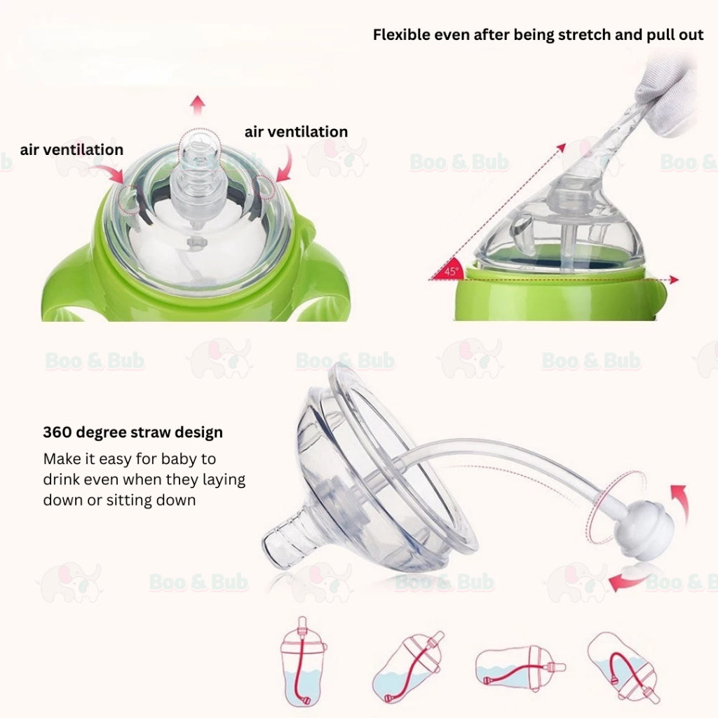 Boo&Bub Silicone Baby Bottle Wide-neck Anti-flatulence Bayi Botol Susu with straw BPA FREE - Boo & Bub