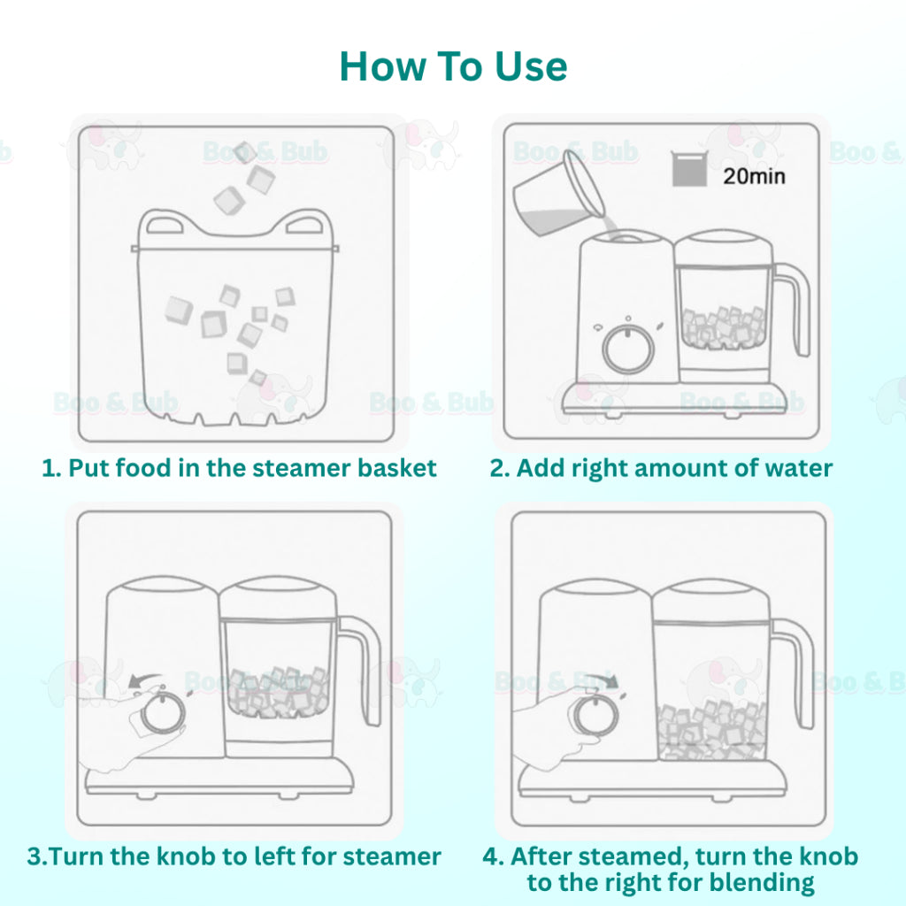 Boo&Bub Baby Food Processor 4 in 1 Baby Food Blender Makanan Baby Blender Baby Food Processor Steamer Mixer Grinder - Boo & Bub