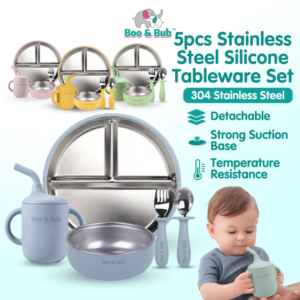 Boo&Bub Baby Stainless Steel Tableware Set 5pcs BPA-Free Silikon Hisap Anti-Tumpah Set Pinggan Mangkuk Bayi 儿童餐具 吸盘防滑 - Boo & Bub