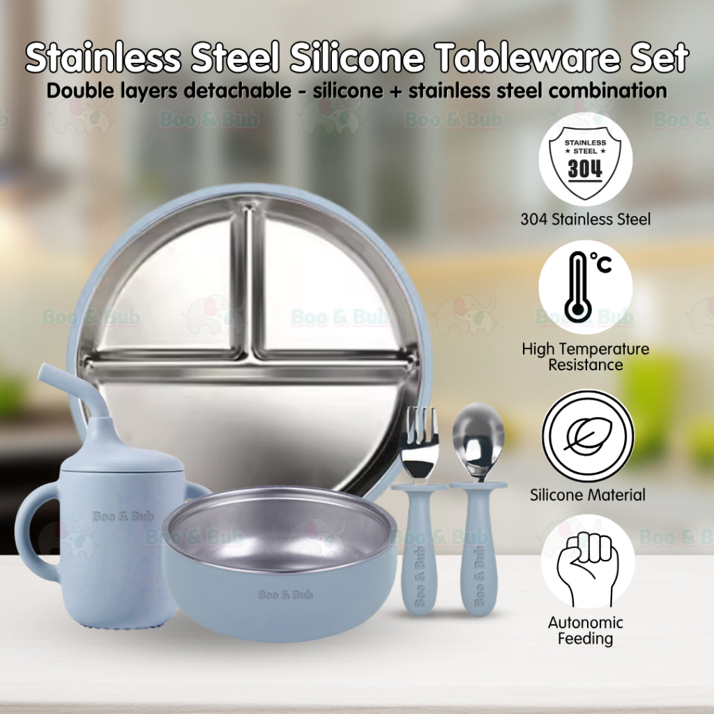Boo&Bub Baby Stainless Steel Tableware Set 5pcs BPA-Free Silikon Hisap Anti-Tumpah Set Pinggan Mangkuk Bayi 儿童餐具 吸盘防滑 - Boo & Bub