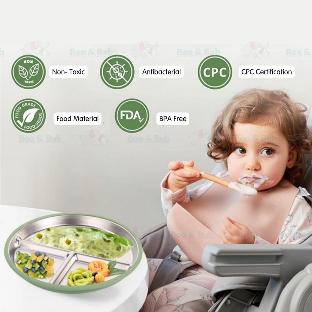 Boo&Bub Baby Stainless Steel Tableware Set 5pcs BPA-Free Silikon Hisap Anti-Tumpah Set Pinggan Mangkuk Bayi 儿童餐具 吸盘防滑 - Boo & Bub