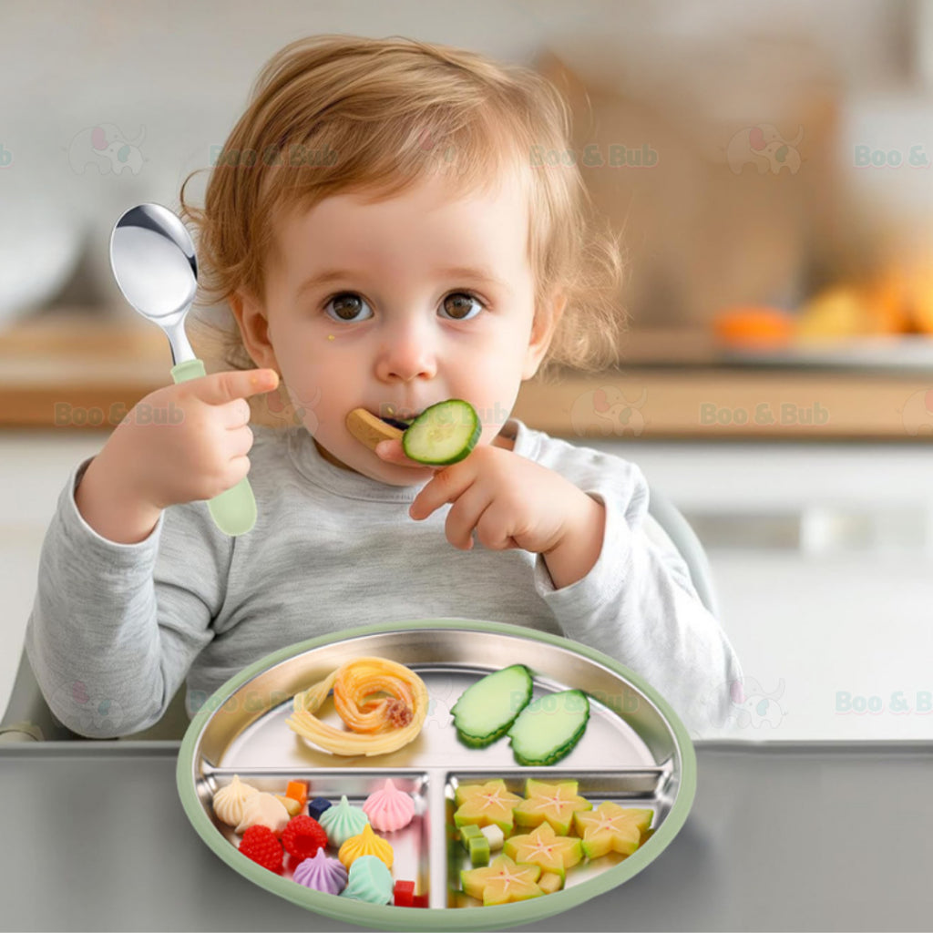 Boo&Bub Baby Stainless Steel Tableware Set 5pcs BPA-Free Silikon Hisap Anti-Tumpah Set Pinggan Mangkuk Bayi 儿童餐具 吸盘防滑 - Boo & Bub