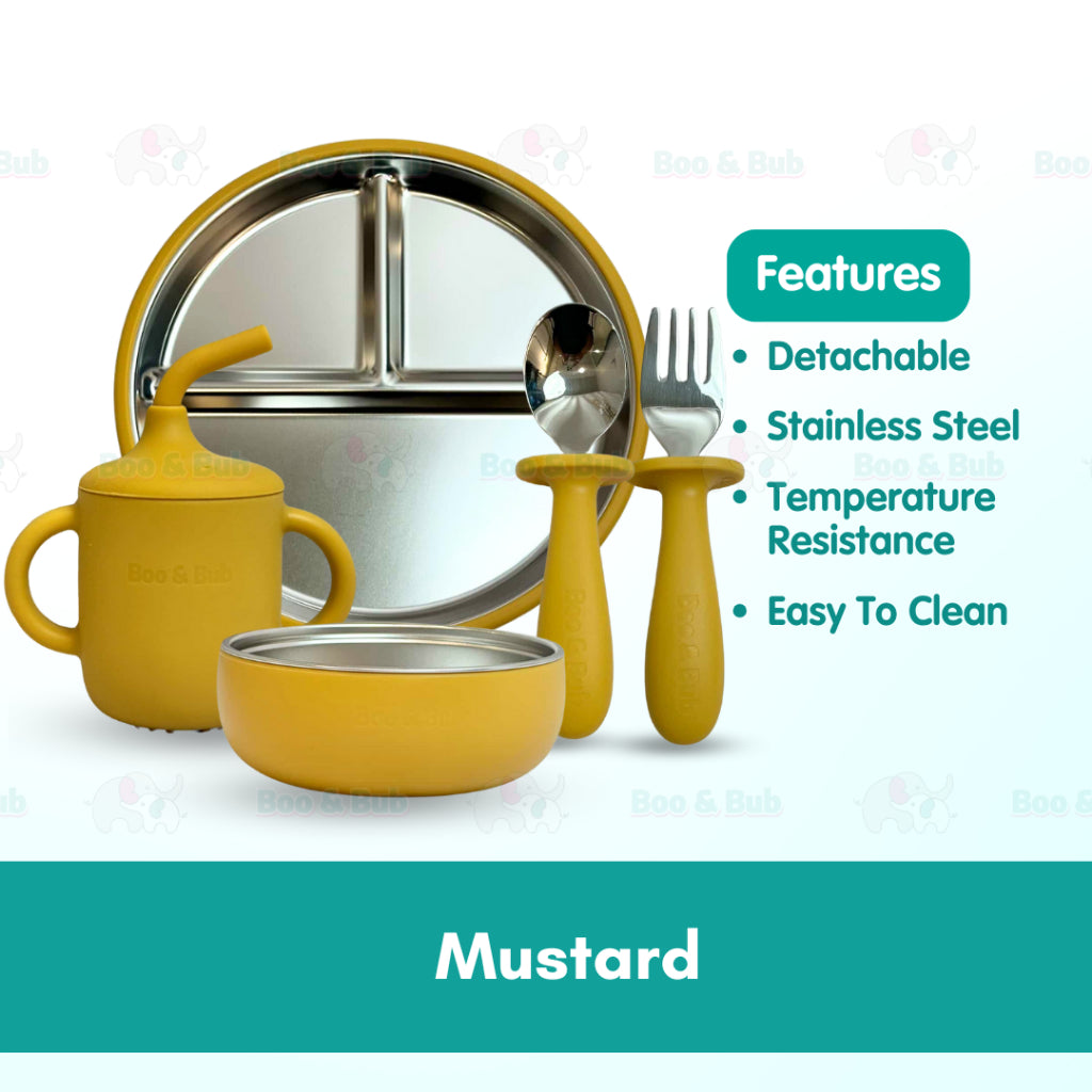 Boo&Bub Baby Stainless Steel Tableware Set 5pcs BPA-Free Silikon Hisap Anti-Tumpah Set Pinggan Mangkuk Bayi 儿童餐具 吸盘防滑 - Boo & Bub