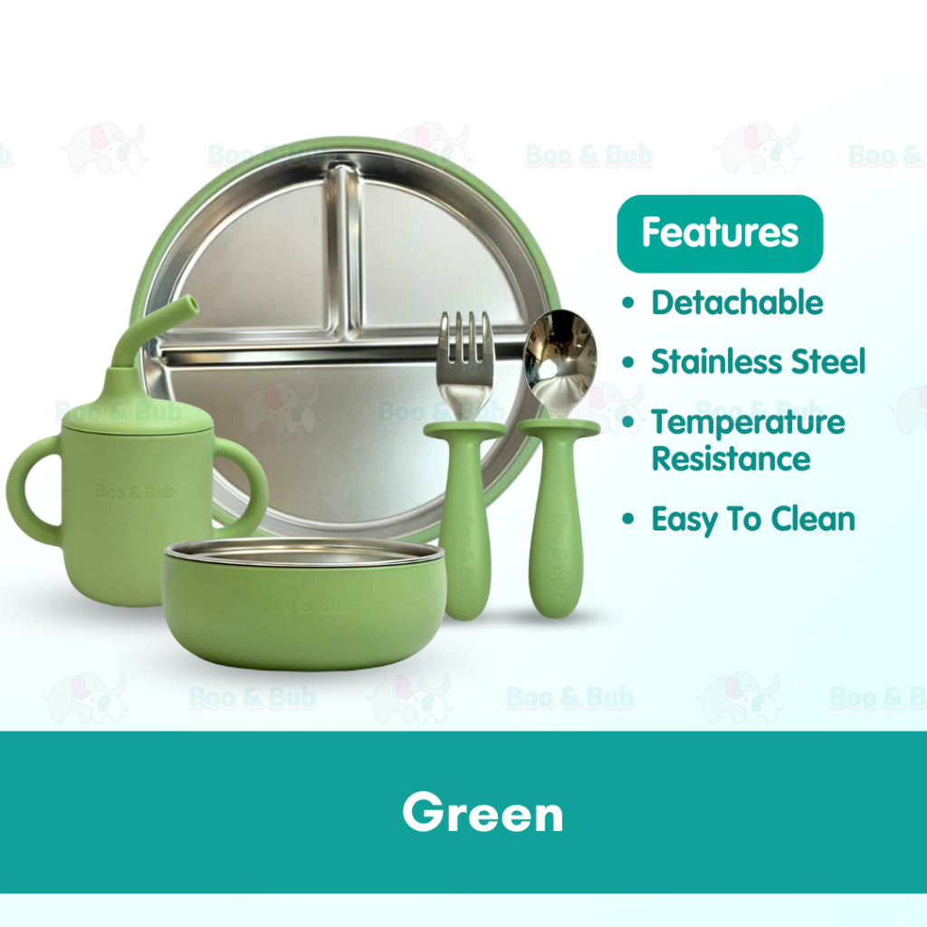 Boo&Bub Baby Stainless Steel Tableware Set 5pcs BPA-Free Silikon Hisap Anti-Tumpah Set Pinggan Mangkuk Bayi 儿童餐具 吸盘防滑 - Boo & Bub