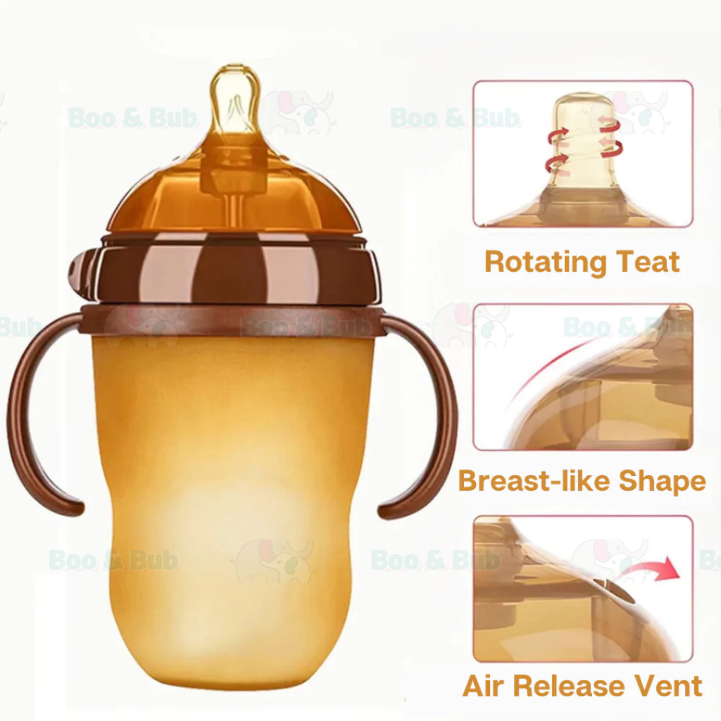 Boo and Bub Brown Silicone Baby Bottle Wide-neck Anti-flatulence Bayi Botol Susu with straw BPA FREE - Boo & Bub