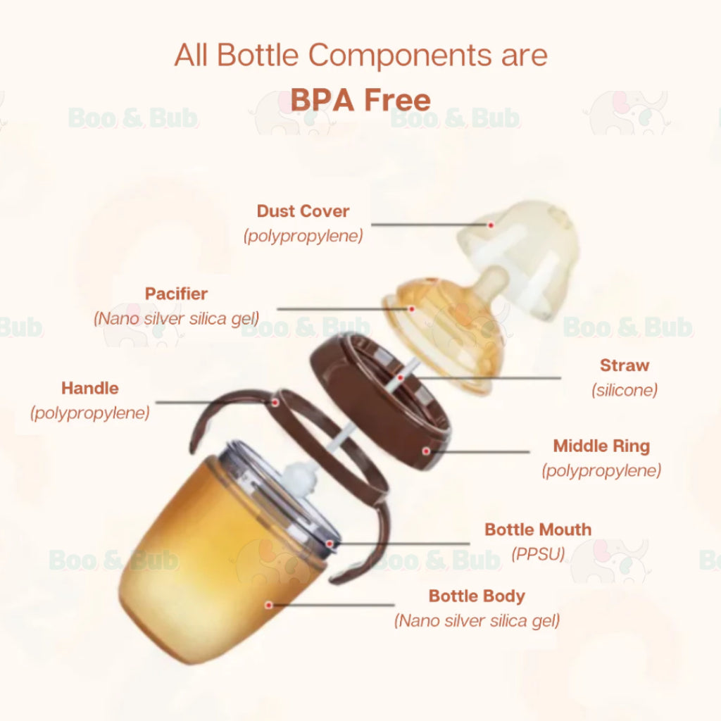 Boo and Bub Brown Silicone Baby Bottle Wide-neck Anti-flatulence Bayi Botol Susu with straw BPA FREE - Boo & Bub