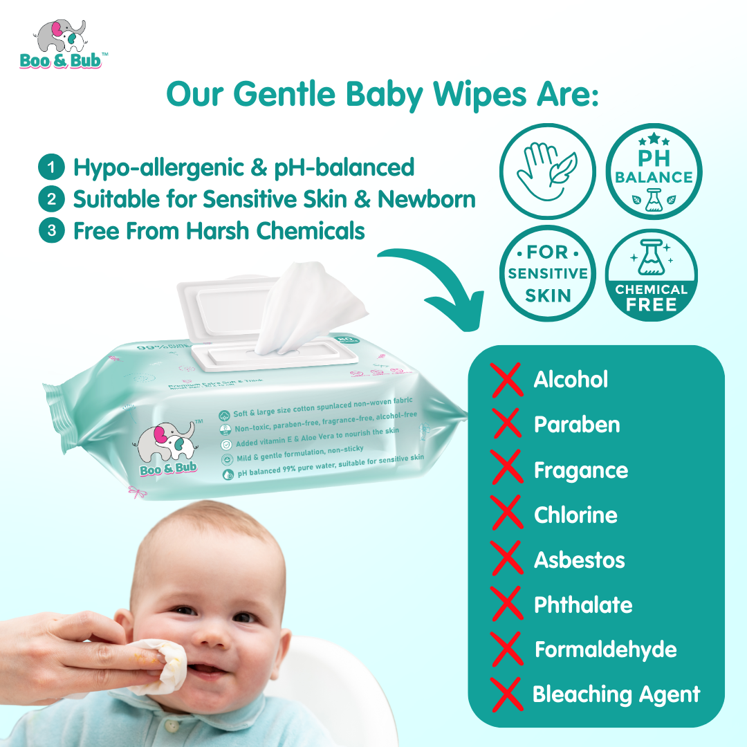 Boo&Bub 3x80pcs Baby Hand Mouth Wipes / Wet Tissue | Alcohol-free, paraben-free, fragrance-free wipe - Boo & Bub