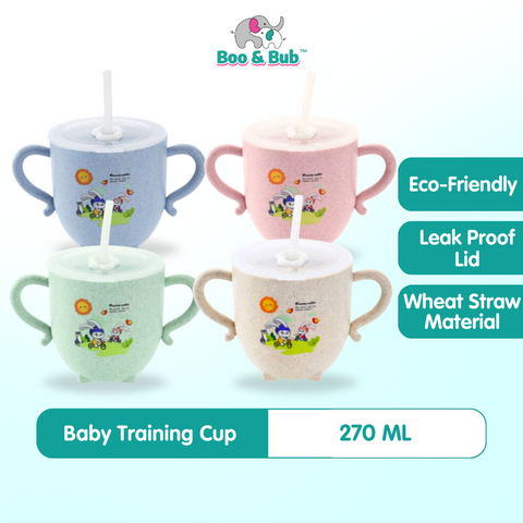 Boo&Bub Baby Training Wheat Straw water cup | Kid Feeding Training Milk Bottle double handles and lid leak-proof