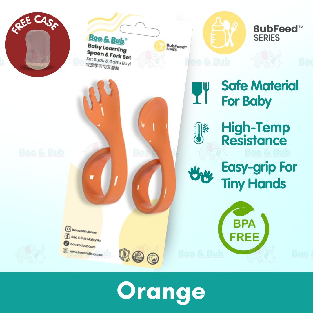 Boo&Bub Baby Curved Learning Fork Spoon (2pcs) Set with Casing Training Twisted Fork Spoon Toddler Tableware - Boo & Bub
