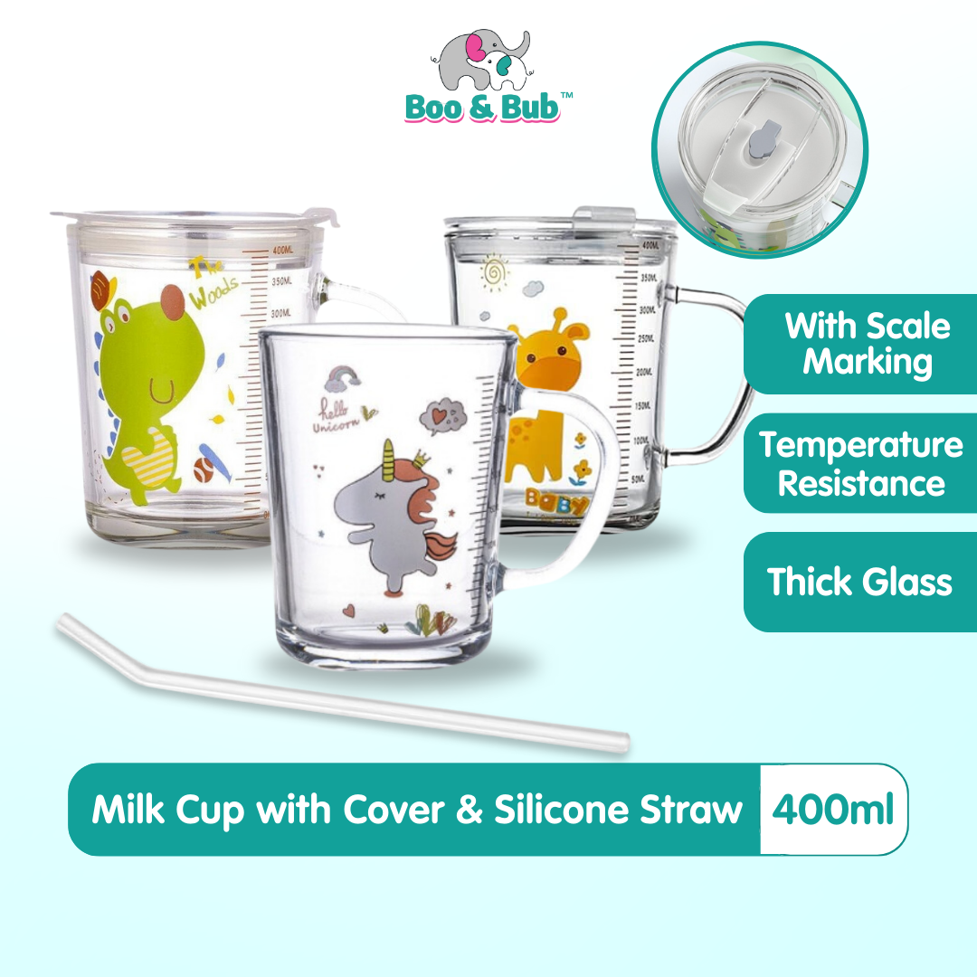 400ml Milk Cup with Cover Silicone straw | Training Glass Mug Baby Dinosaur Unicorn Water Bottle Heat-Resistant - Boo & Bub