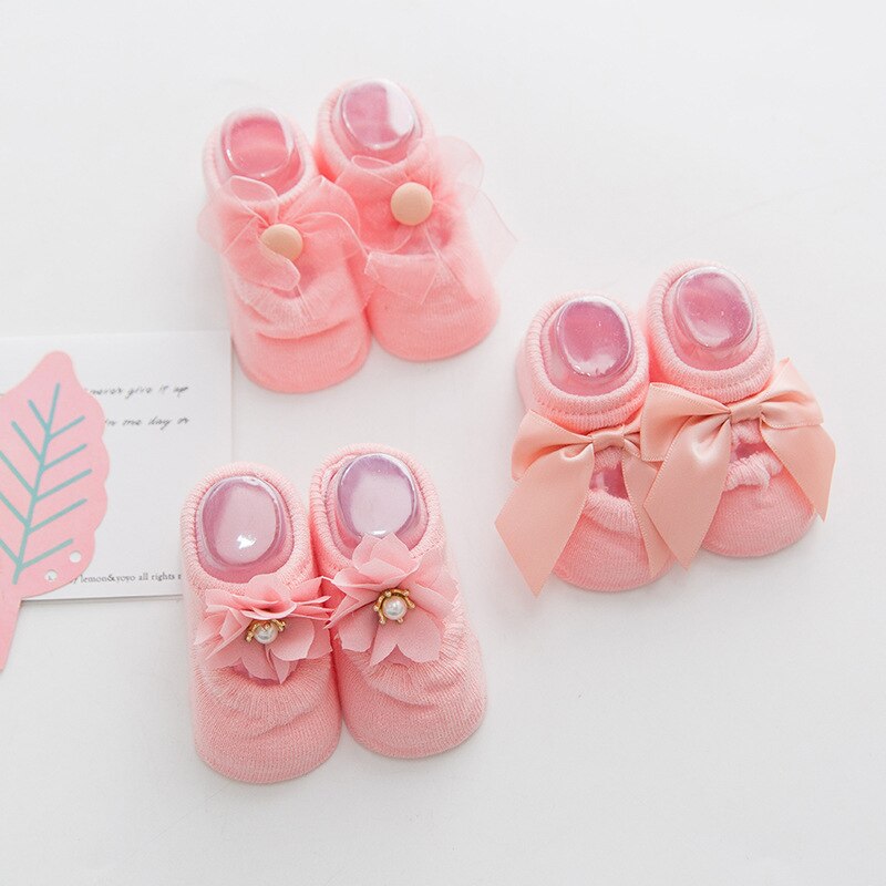 3pcs Lace Flower Newborn Baby Socks | Korean Cotton Anti-Slip Kids Sock Bow toddler Girl Spring Girls Gift - Boo & Bub
