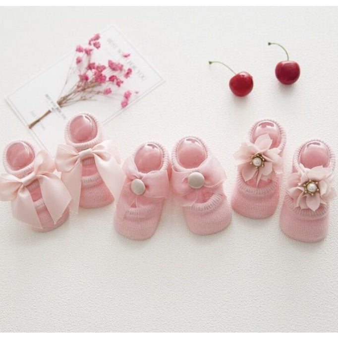 3pcs Lace Flower Newborn Baby Socks | Korean Cotton Anti-Slip Kids Sock Bow toddler Girl Spring Girls Gift - Boo & Bub