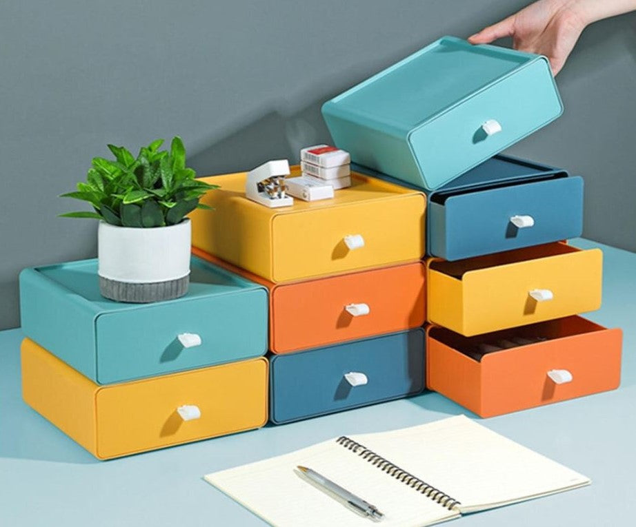 Colorful Stackable Drawers | Small Plastic Desktop Storage Box With Handle Makeups, Bathroom, Dorm, Desk, Vanity - Boo & Bub