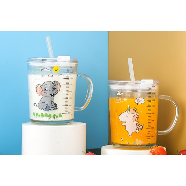 400ml Milk Cup with Cover Silicone straw | Training Glass Mug Baby Dinosaur Unicorn Water Bottle Heat-Resistant - Boo & Bub