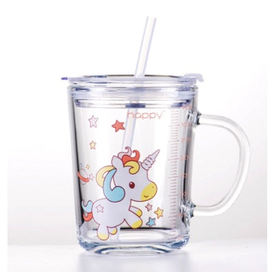 400ml Milk Cup with Cover Silicone straw | Training Glass Mug Baby Dinosaur Unicorn Water Bottle Heat-Resistant - Boo & Bub