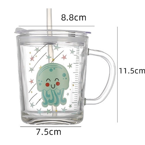 400ml Milk Cup with Cover Silicone straw | Training Glass Mug Baby Dinosaur Unicorn Water Bottle Heat-Resistant - Boo & Bub