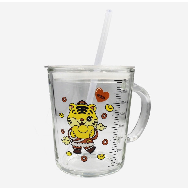 400ml Milk Cup with Cover Silicone straw | Training Glass Mug Baby Dinosaur Unicorn Water Bottle Heat-Resistant - Boo & Bub