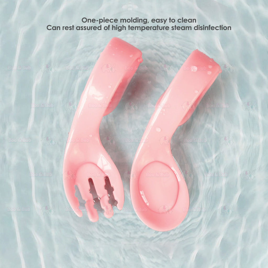 Boo&Bub Baby Curved Learning Fork Spoon (2pcs) Set with Casing Training Twisted Fork Spoon Toddler Tableware - Boo & Bub
