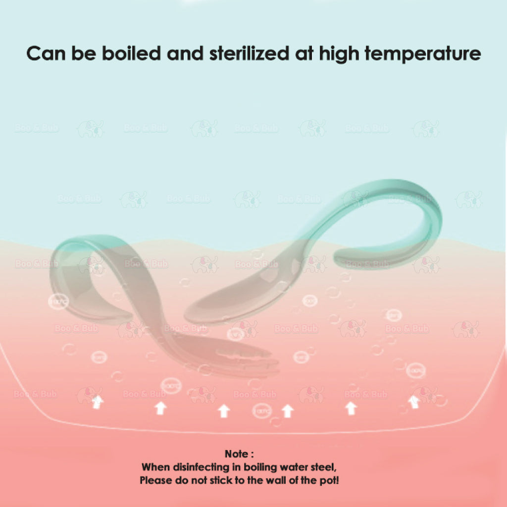 Boo&Bub Baby Curved Learning Fork Spoon (2pcs) Set with Casing Training Twisted Fork Spoon Toddler Tableware - Boo & Bub