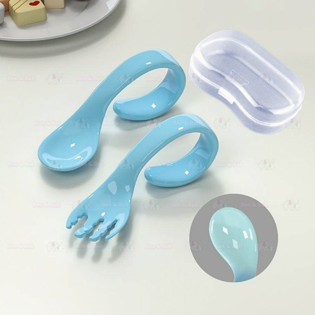 Boo&Bub Baby Curved Learning Fork Spoon (2pcs) Set with Casing Training Twisted Fork Spoon Toddler Tableware - Boo & Bub