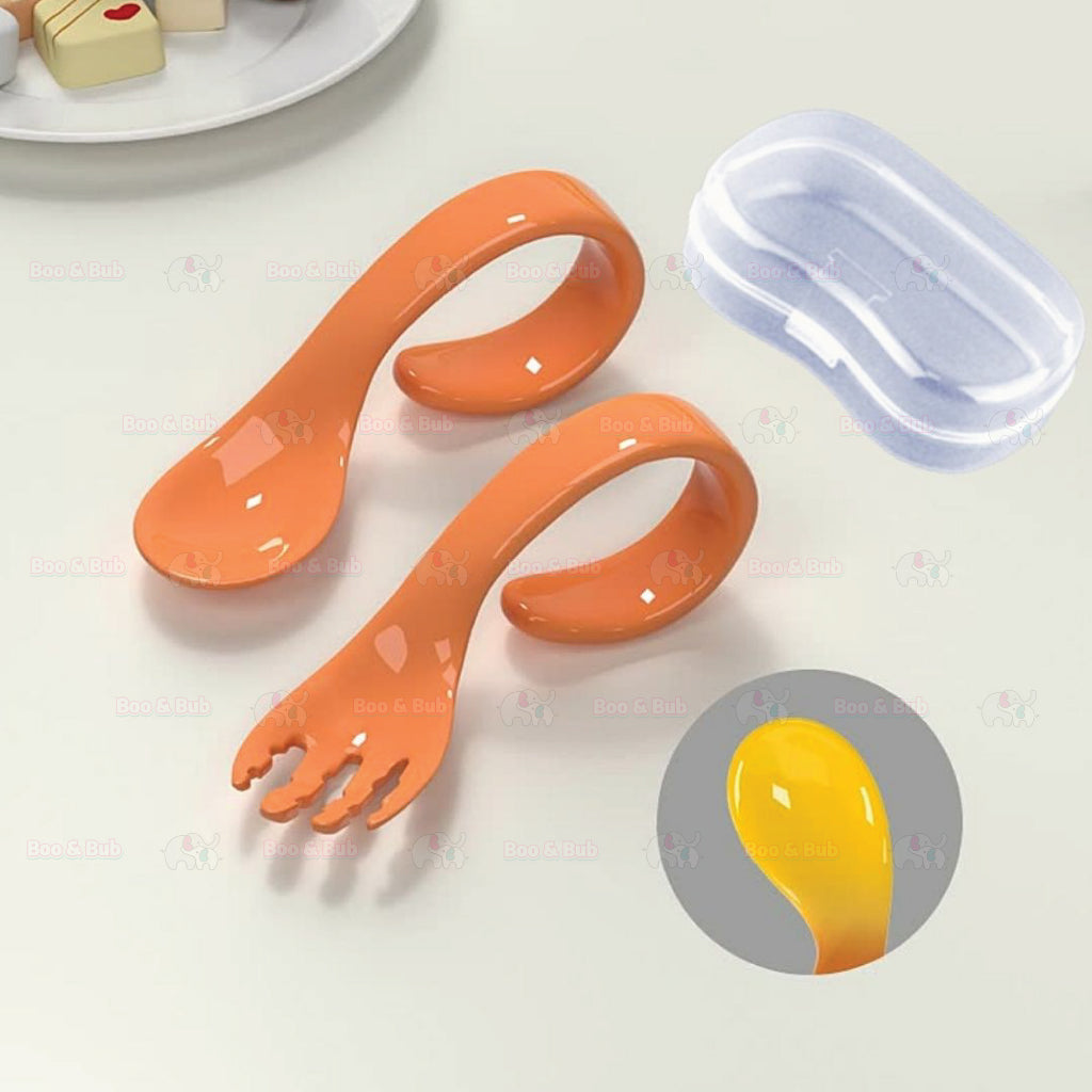 Boo&Bub Baby Curved Learning Fork Spoon (2pcs) Set with Casing Training Twisted Fork Spoon Toddler Tableware - Boo & Bub