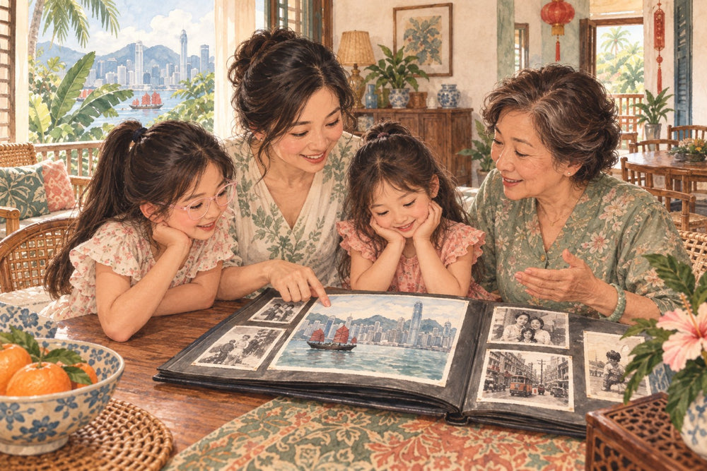 Storybook illustration of a mother, two daughters and grandmother sharing a family album