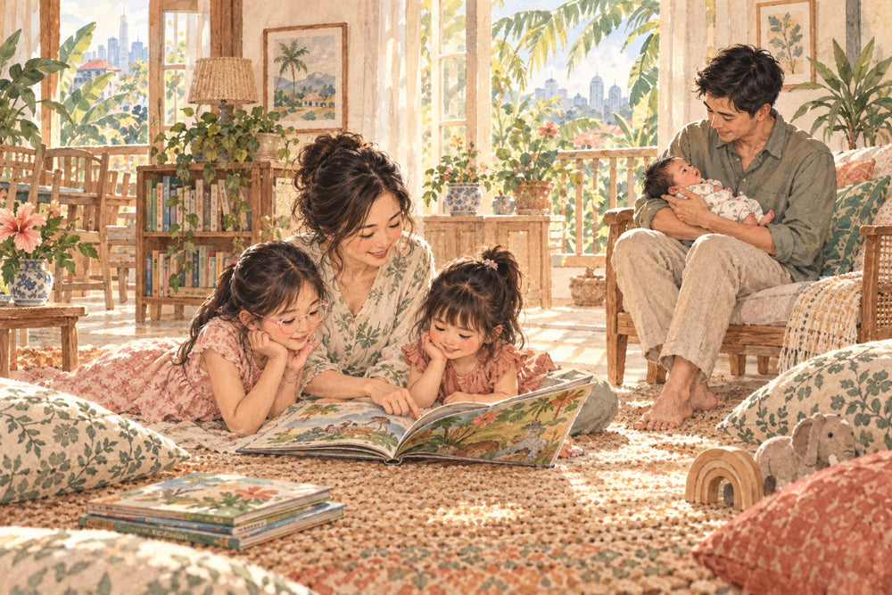 Storybook illustration of parents with two daughters and a baby, older daughter wearing glasses