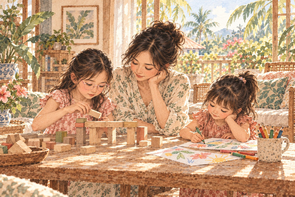 Watercolor mother beside her two daughters building and drawing at home