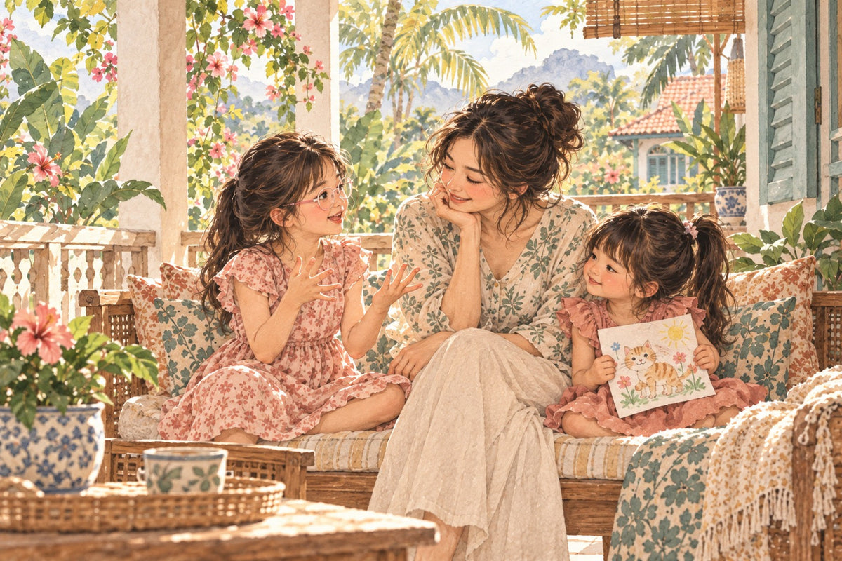 Watercolor mother listening to her two daughters on a shaded Malaysian veranda