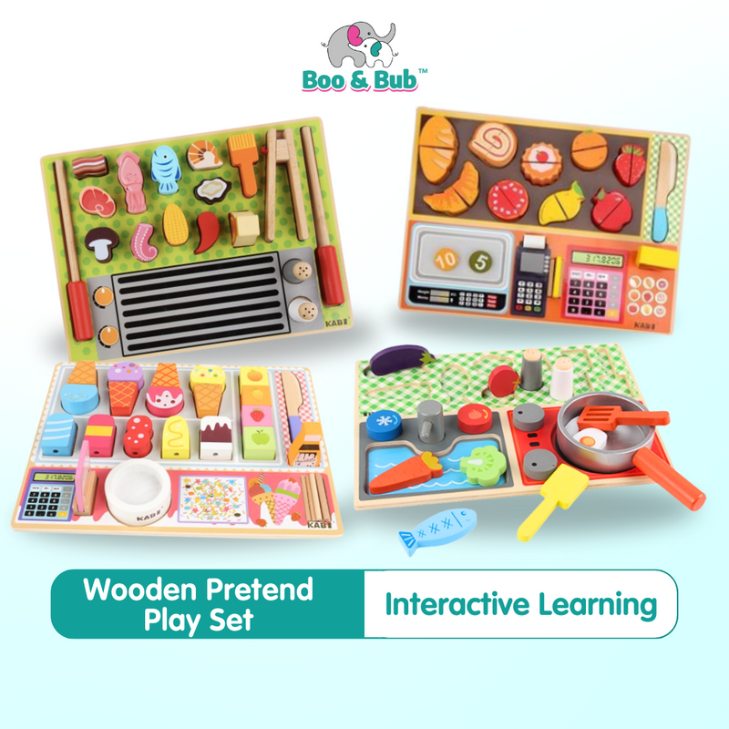 Wooden Pretend Play Board Set | Toy Ice Cream Kitchen BBQ Fruit Shop store Early Education Learning Montessori