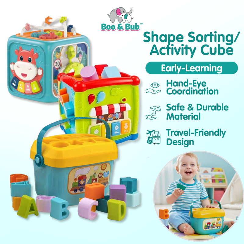 Boo&Bub Baby Activity Cube | 6 Sided Musical Shape Sorting Matching Box Cube Toy