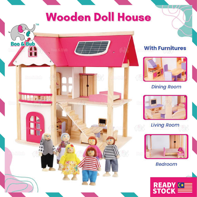 Boo&Bub Kids Pretend Play Toys Pink Wooden Dollhouse Wooden Dolls House Toys for Girls Princess Furniture set