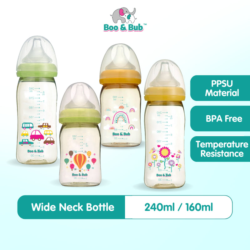 Boo&Bub 160ml/240ml PPSU Milk Bottle Wide Neck | Botol Susu BPA Free Teat Nipple Anti-colic Puting