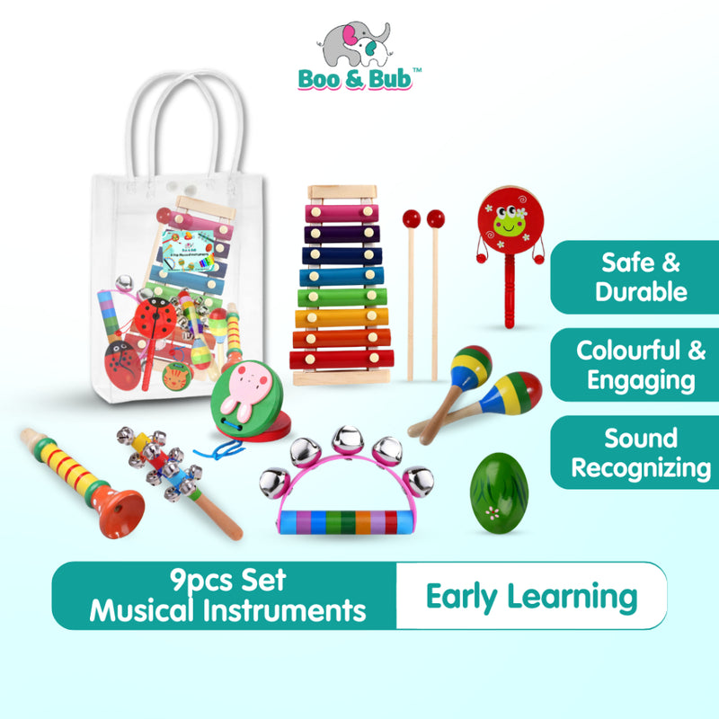 Boo&Bub 9pcs Set Wooden Musical instrument Educational Montessori Early Learning Toys | alat muzik rattle bell drum