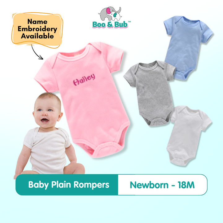 🐘Boo&Bub🐘 Baby Plain Color Rompers | Newborn Infant Boy Girl Clothing Short Sleeve romper Clothes | Baju Bayi - Boo & Bub