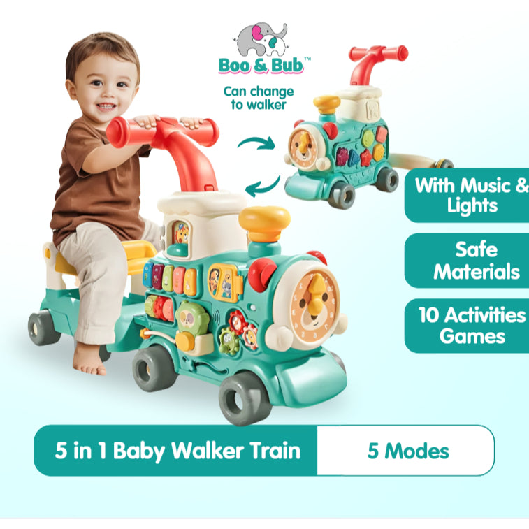 Boo and Bub 5 in1 Baby Walker Train  Ultimate Baby Walker Stand-to-Sit Trolley High Quality Kids Gift For Toddler Learn