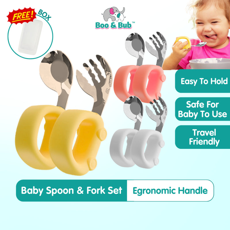 2pcs Silicone Baby Spoon and Fork Set Baby Infant Tableware Baby Training Spoon Fork Set Stainless Steel Feeding Spoon