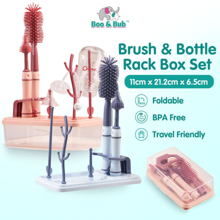 Boo & Bub Brush and Bottle Rack Box Set Soft Silicone Milk Bottle Brush 360° Rotating Handle Baby Bottle Rack Set - Boo & Bub