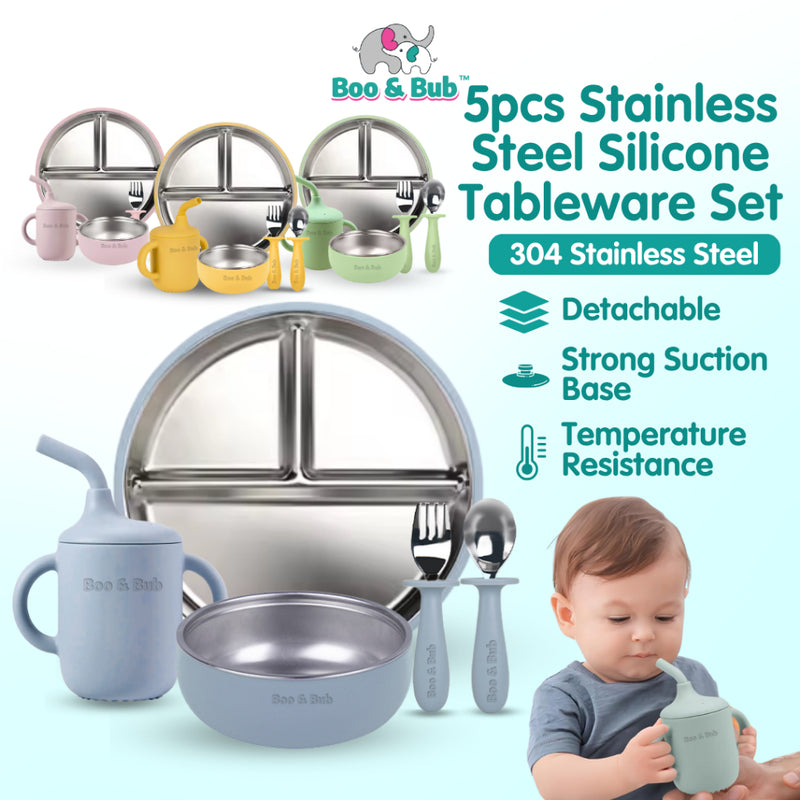 Boo&Bub Baby Stainless Steel Tableware Set 5pcs BPA-Free Silikon Hisap Anti-Tumpah Set Pinggan Mangkuk Bayi 儿童餐具 吸盘防滑