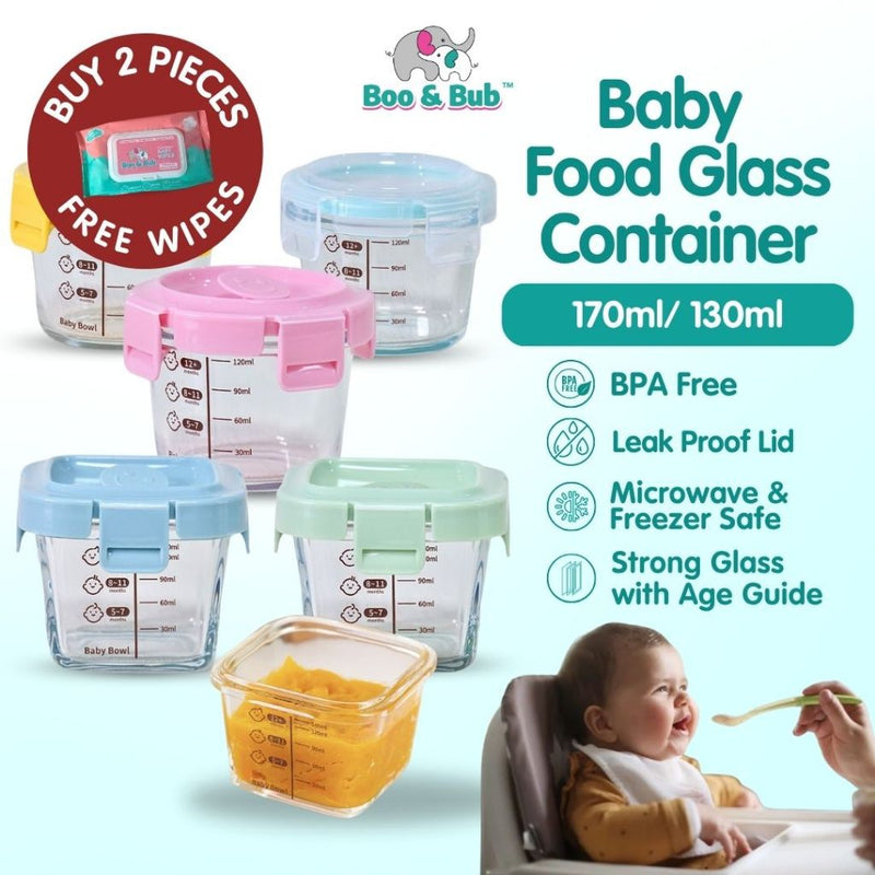 Boo&Bub 170/130ML Glass Baby Food Container Snack Milk Sealed Box Feeding Bowl Container Storage Lead Kotak Makanan