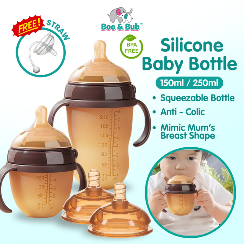 Boo and Bub Brown Silicone Baby Bottle Wide-neck Anti-flatulence Bayi Botol Susu with straw BPA FREE