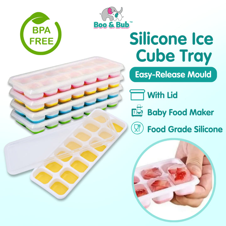 Boo&Bub Silicone Ice Cube Tray with Lid Baby Food Maker Ice Mold Flexible Ice Maker Acuan Ais Silikon 冰块模具 制冰模具